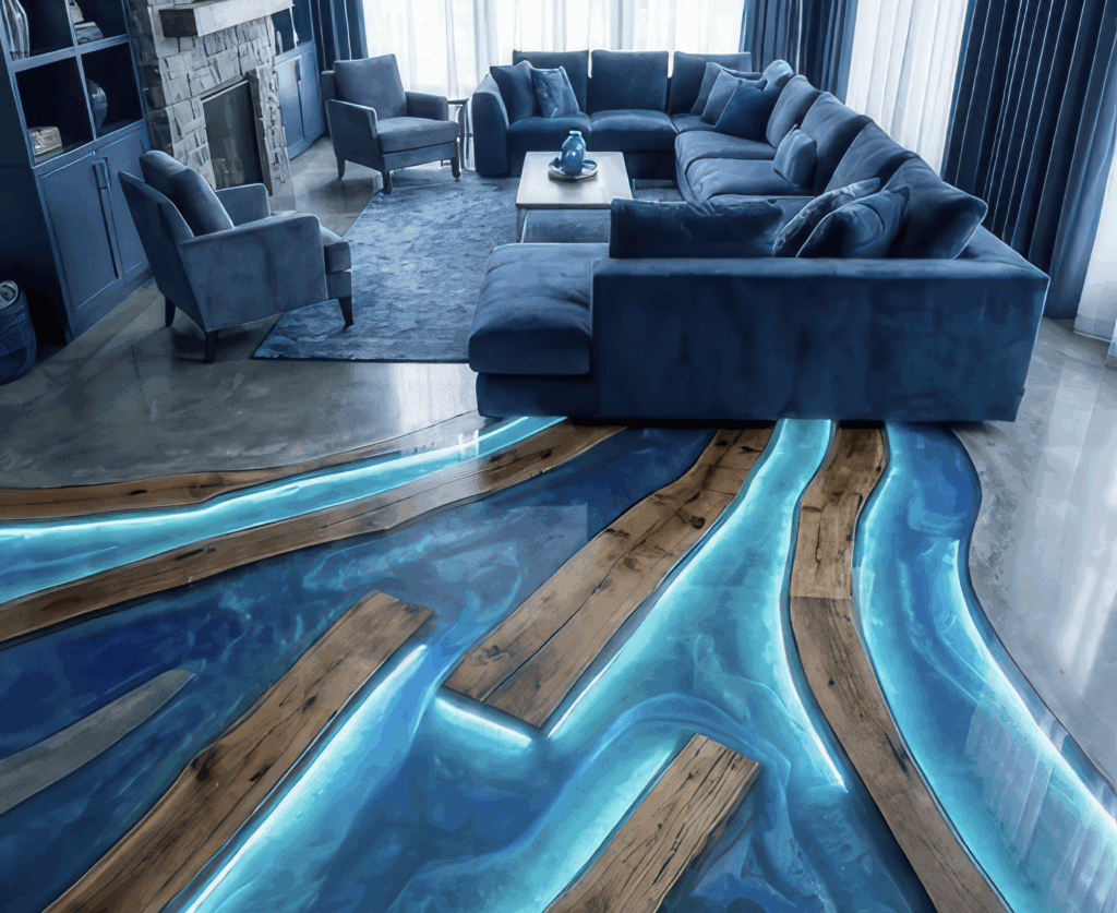 Blue Light in this River Epoxy Floor